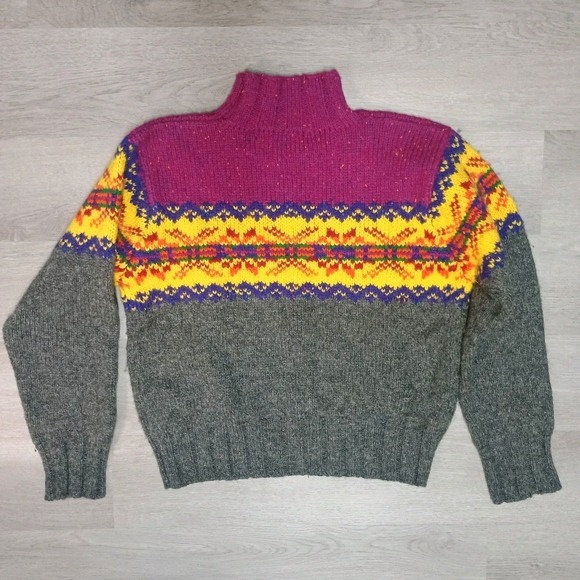 Y2K Express Tricot 100% Wool Pink Turtle Neck Fair Isle Snowflake Sweater Large - Picture 6 of 6